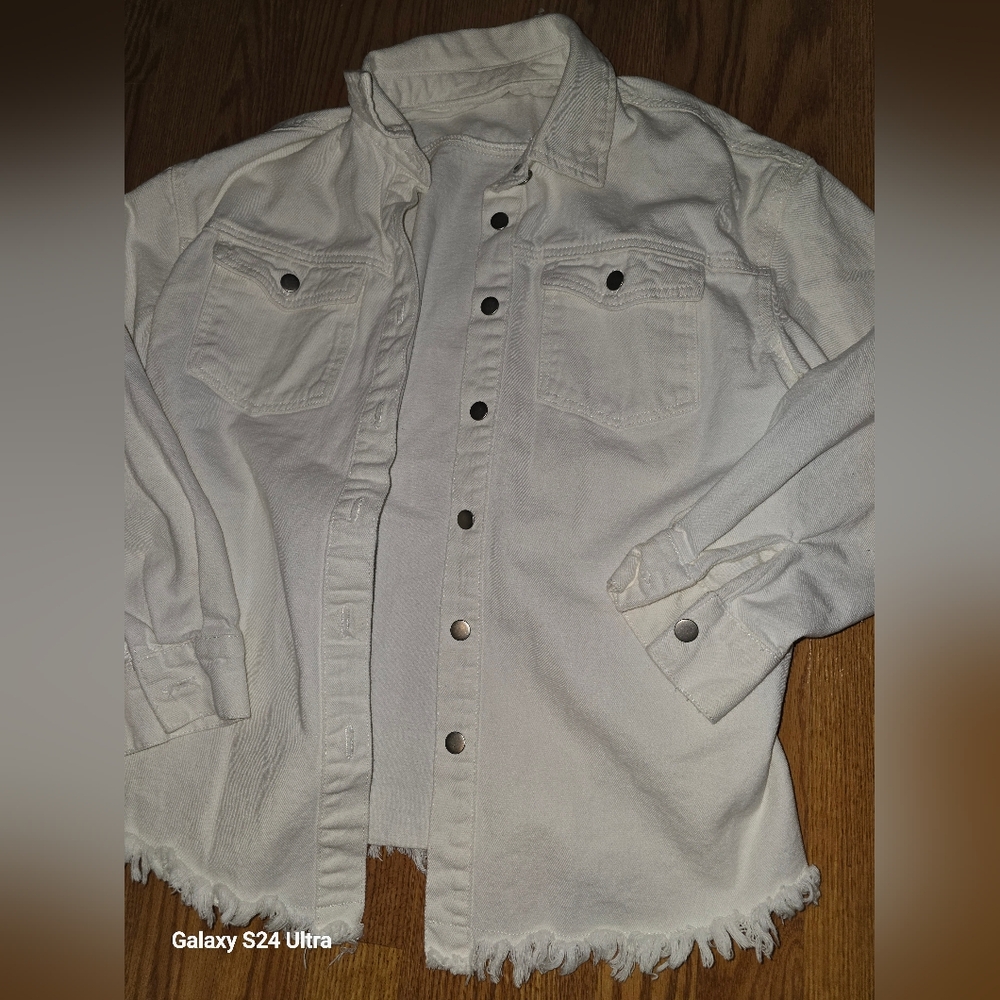 Frayed Hem White Denim Jacket